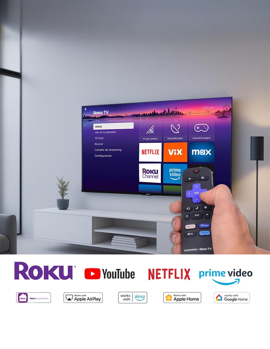 Pantalla Smart TV LED de 32 pulgadas HD DAW32R con roku tv 7