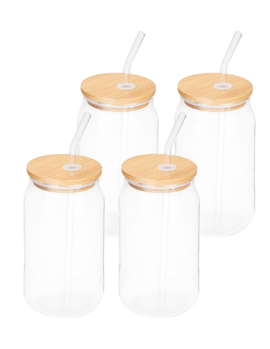 Vaso con tapa y popote Selectshop de vidrio con 4 piezas