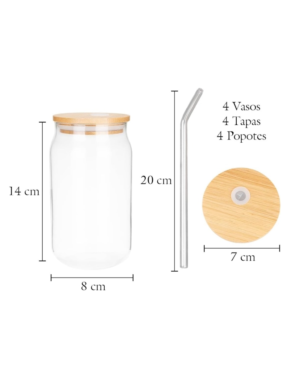 Vaso con tapa y popote Selectshop de vidrio con 4 piezas