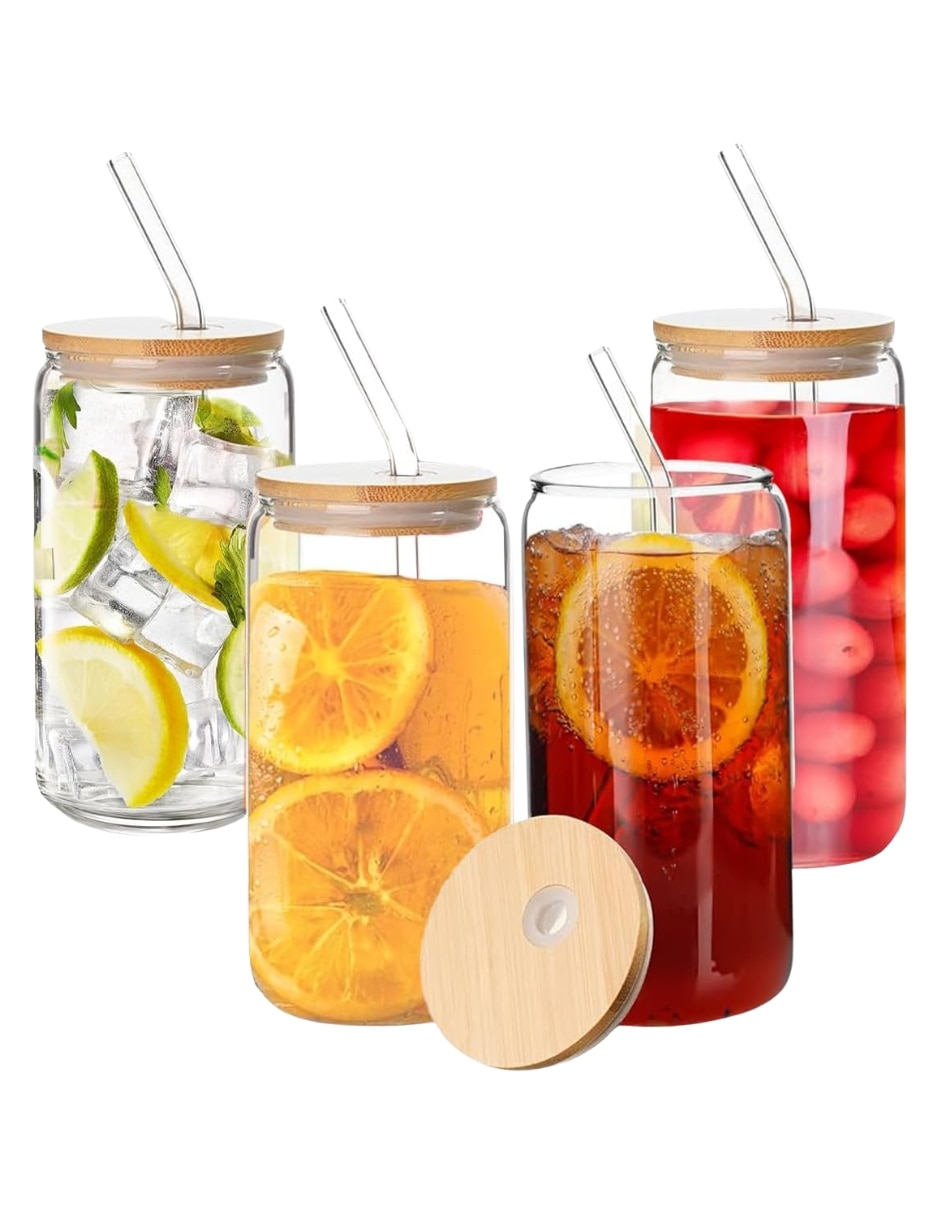 Vaso con tapa y popote Selectshop de vidrio con 4 piezas