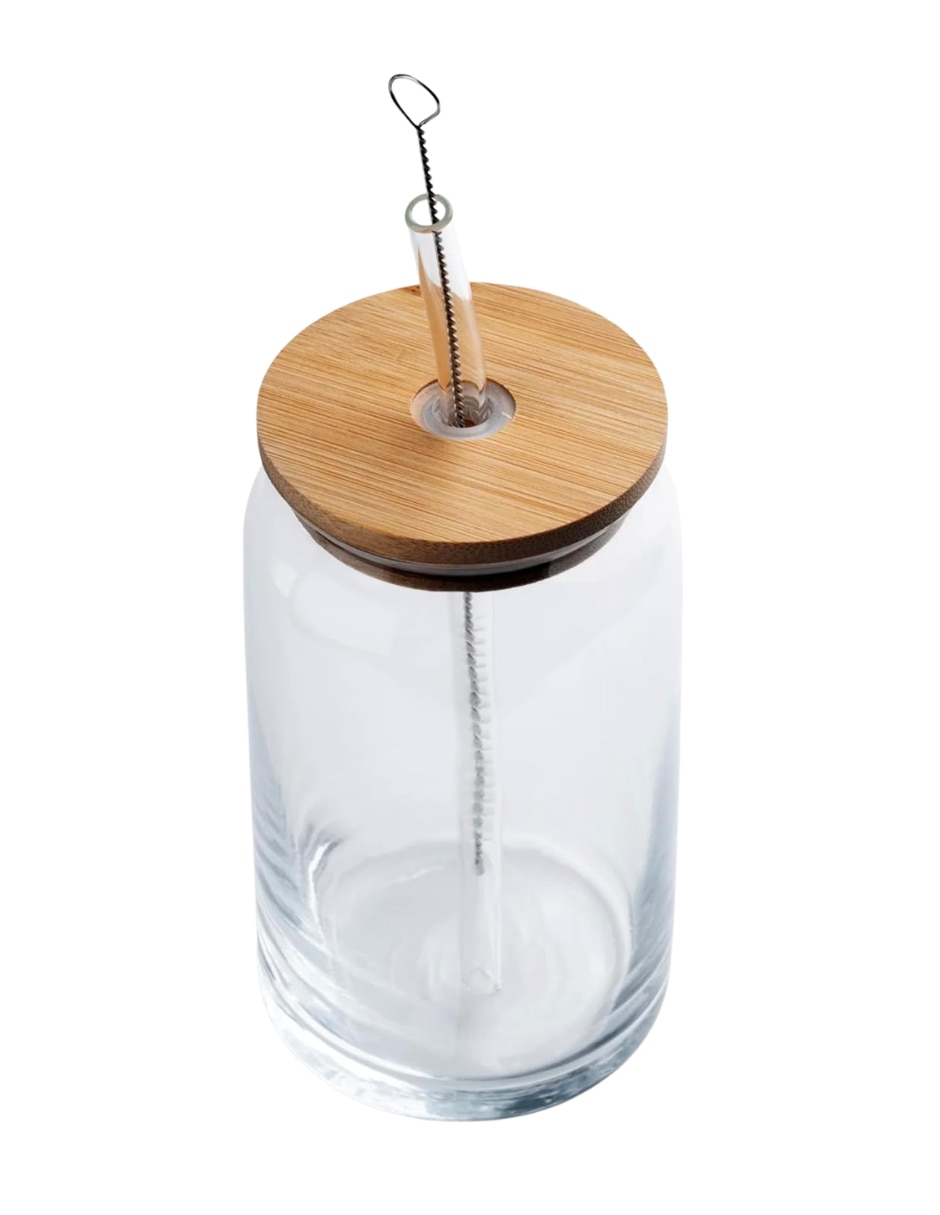 Vaso con tapa y popote Selectshop de vidrio con 4 piezas