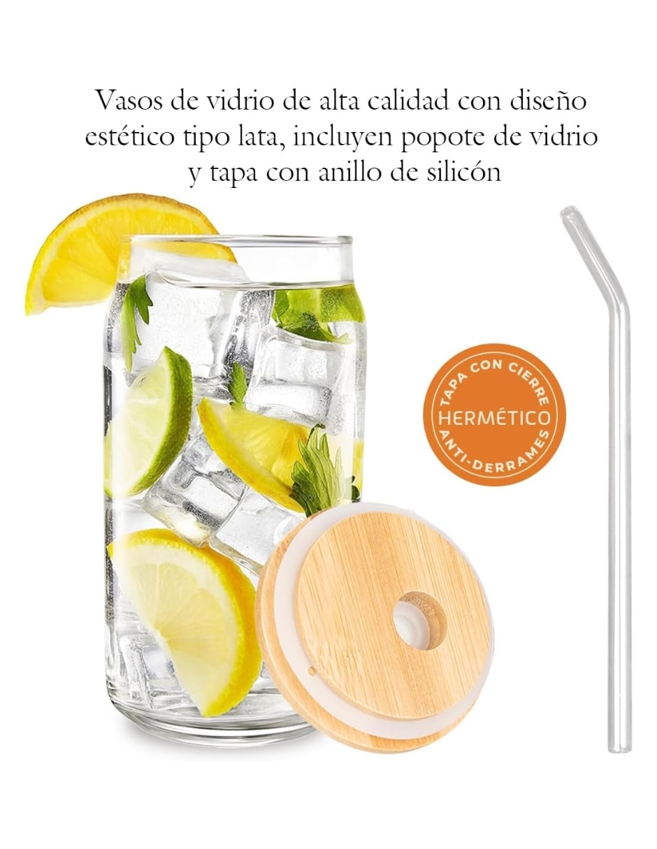 Vaso con tapa y popote Selectshop de vidrio con 4 piezas