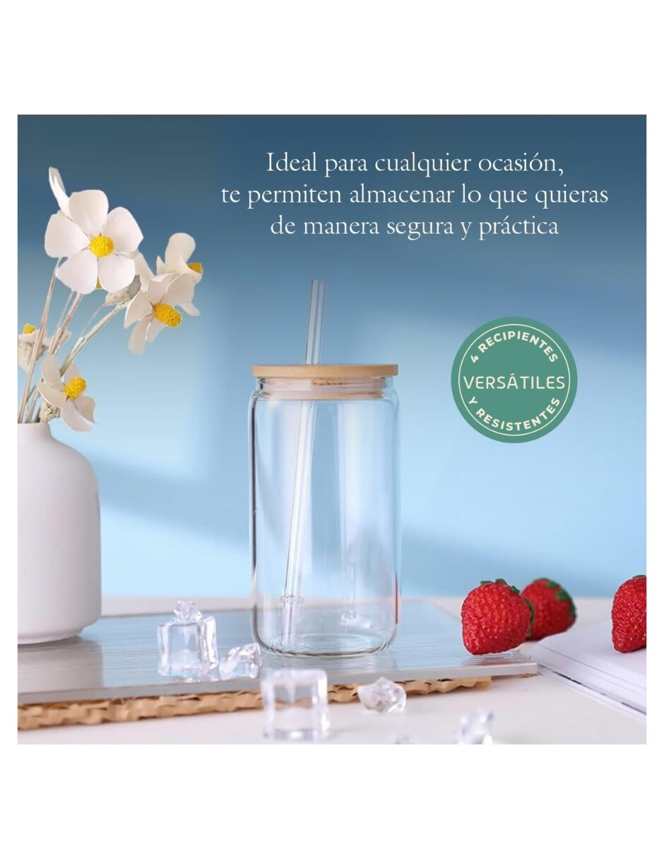 Vaso con tapa y popote Selectshop de vidrio con 4 piezas