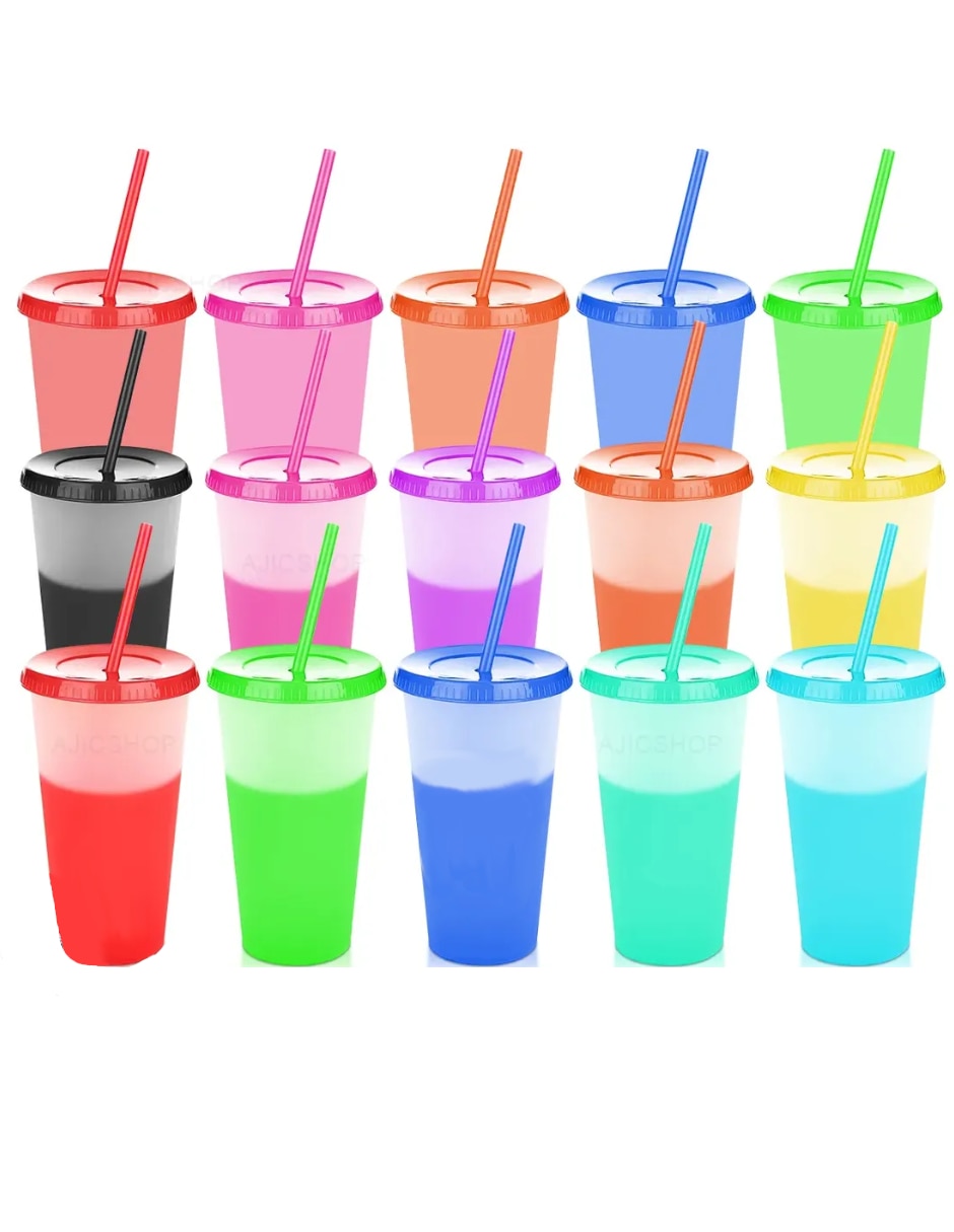 Vaso con tapa y popote de mezcla de materiales con 15 piezas piezas