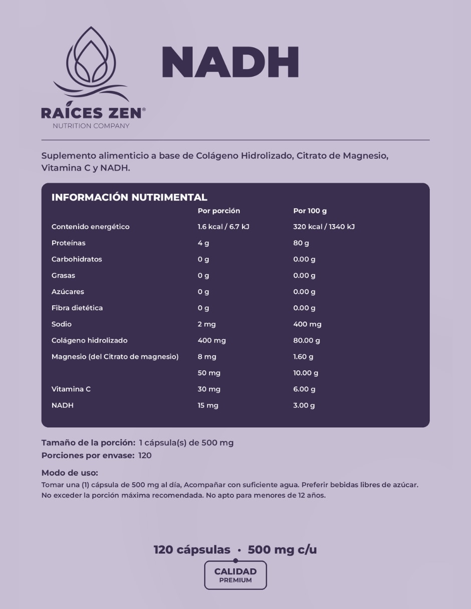 NADH Raíces Zen con Cólageno Hidrolizado + Citrato de Magnesio + Vitamina C de 120 Cápsulas