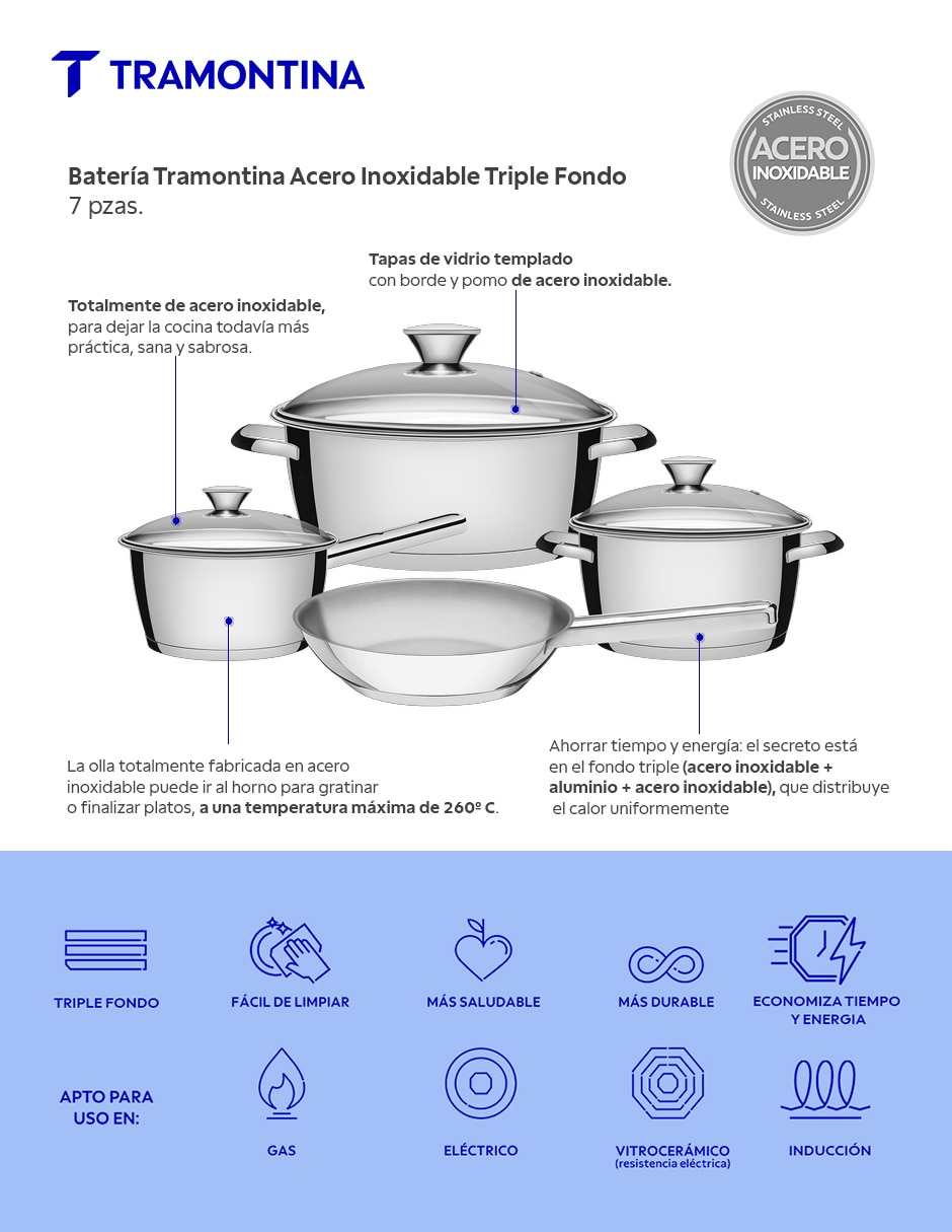Batería de cocina Tramontina acero inoxidable 7 piezas