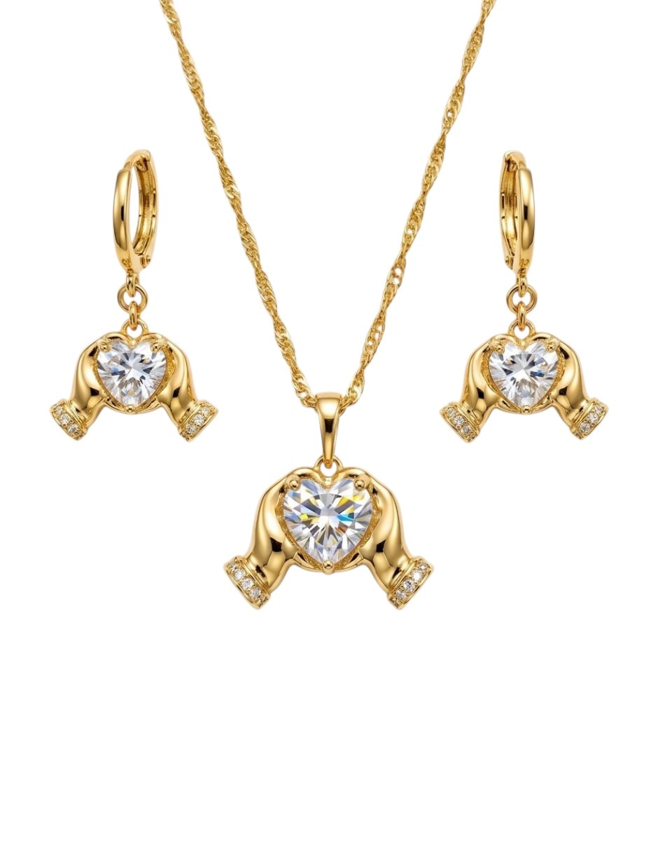 Aretes y collar de corazón de oro laminado 14 K Zirconia cúbica Aretes y collar de corazón de oro laminado 14 K Zirconia cúbica