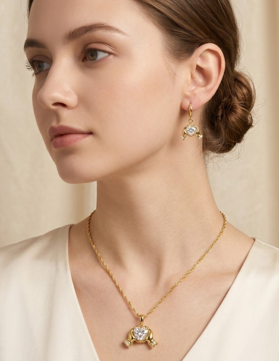 Aretes y collar de corazón de oro laminado 14 K Zirconia cúbica 3