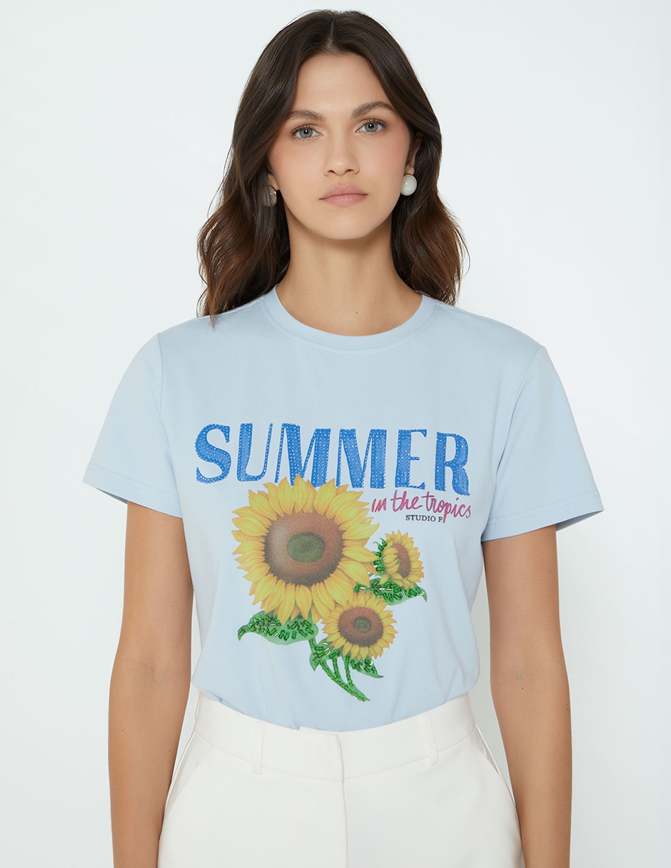 Playera manga corta Studio F Flores cuello redondo para mujer