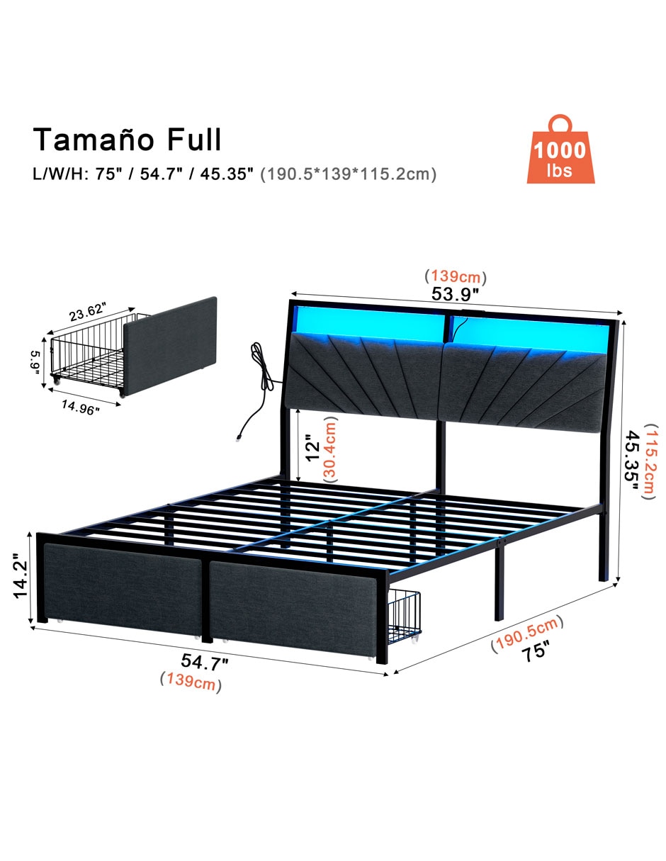 Base para cama armable luces LED de acero 16