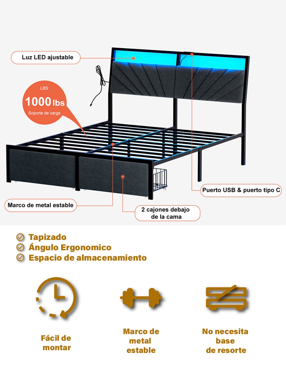 Base para cama armable luces LED de acero 2
