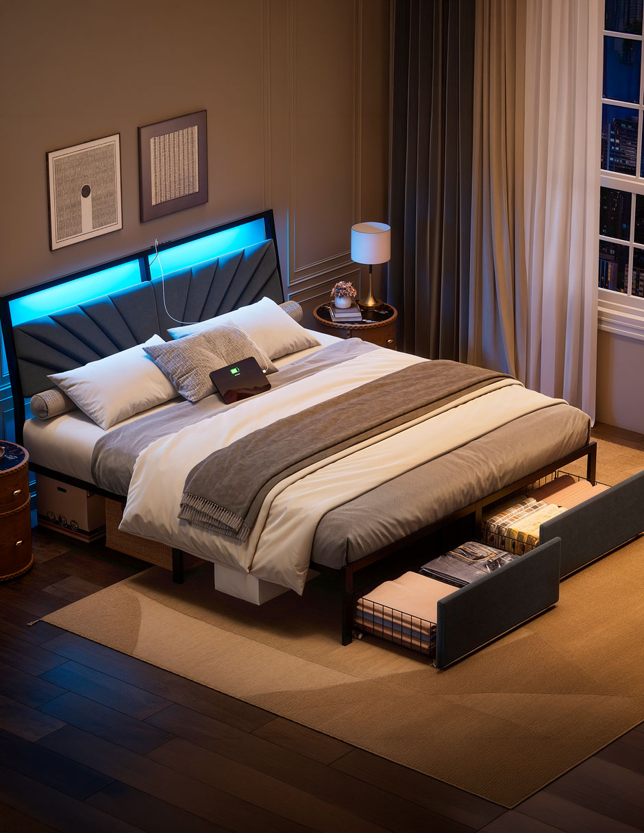 Base para cama armable luces LED de acero 3