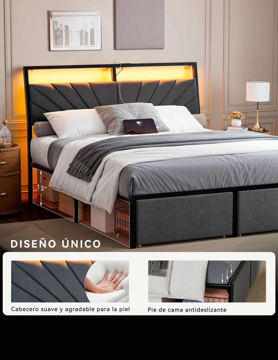 Base para cama armable luces LED de acero 4