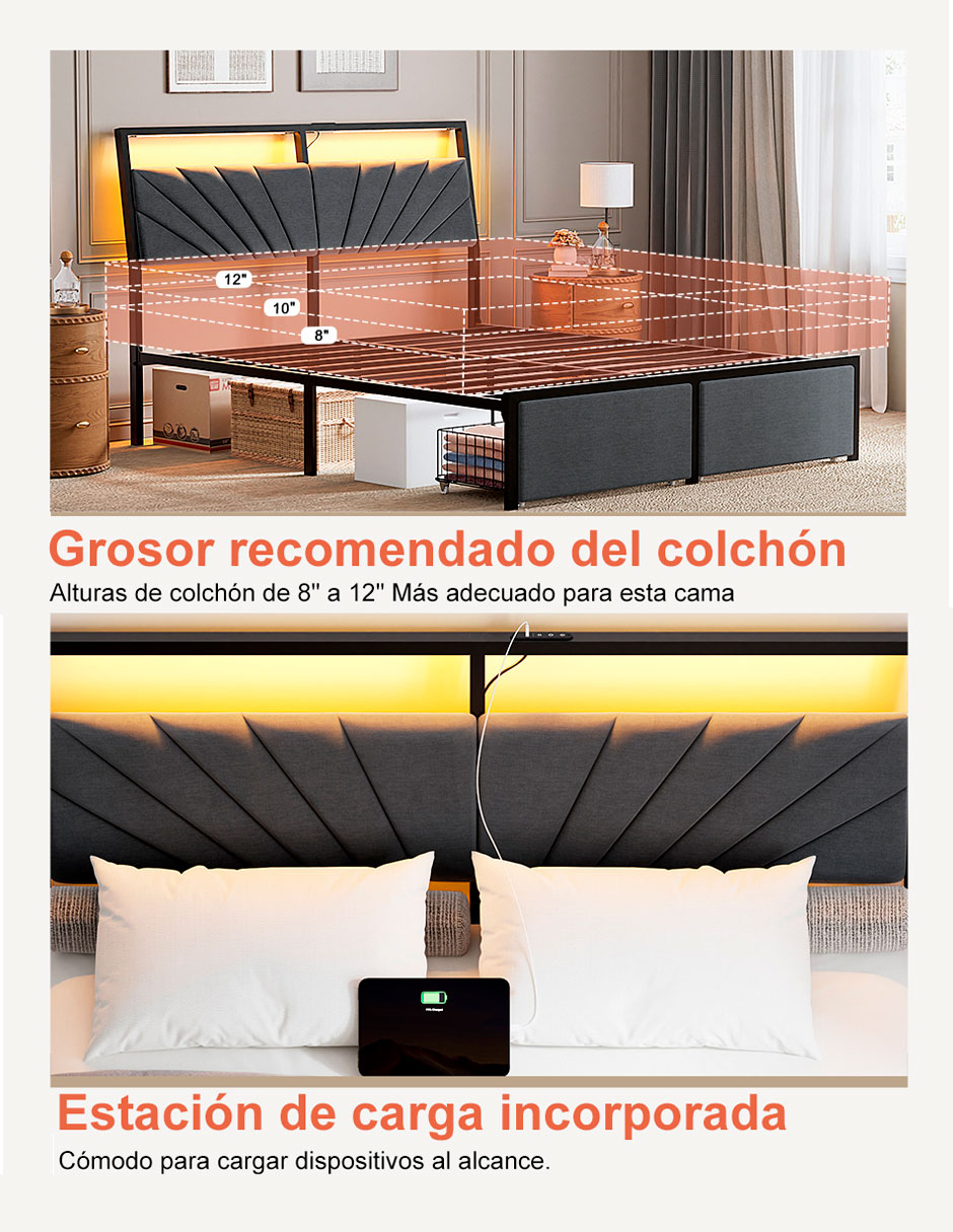 Base para cama armable luces LED de acero 5