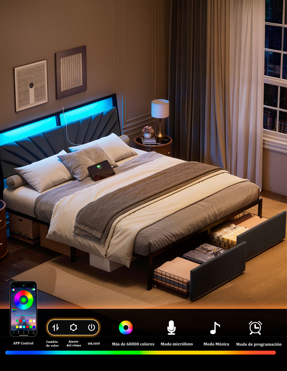 Base para cama armable luces LED de acero 10