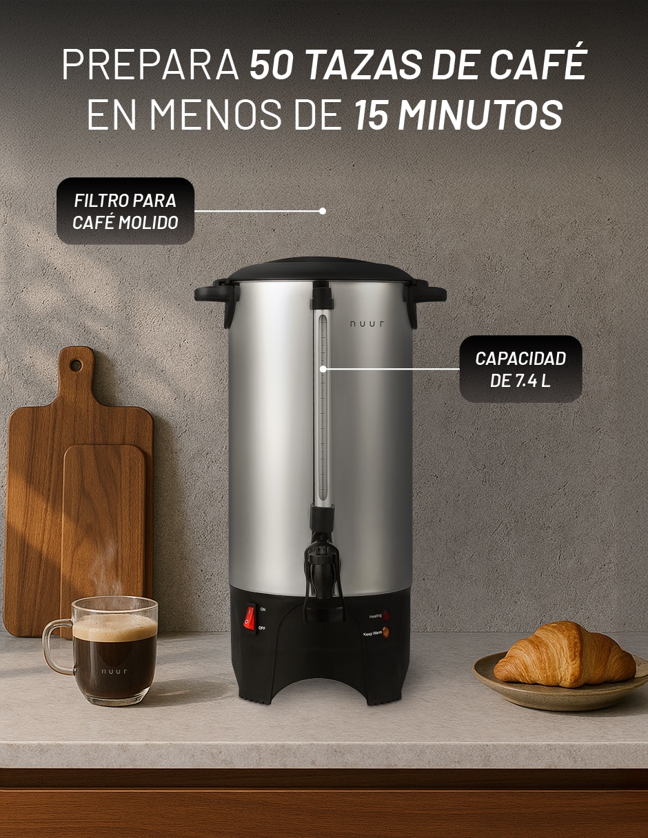 Percoladora Nuur sin presión 50 tazas de acero inoxidable