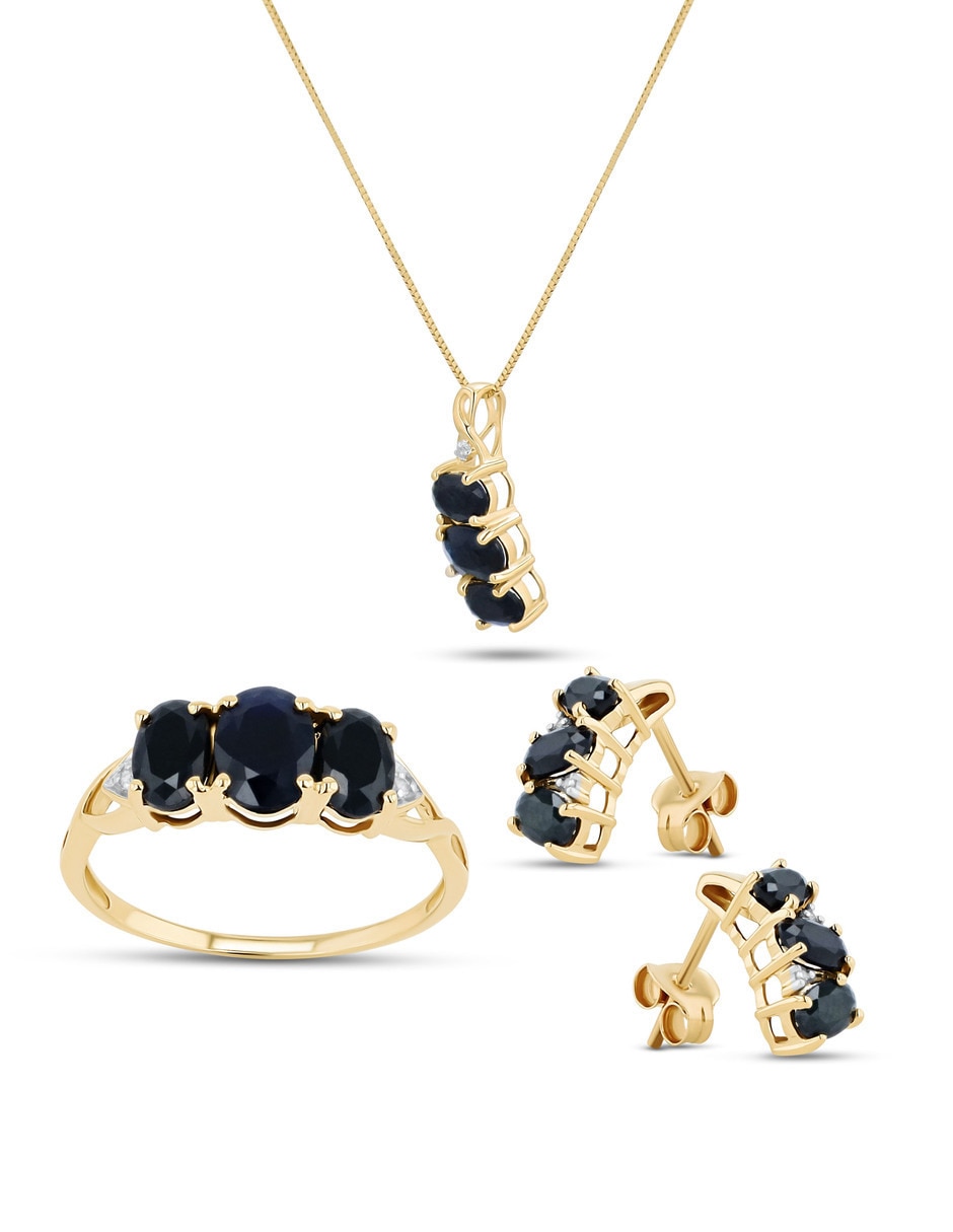 Aretes collar y anillo ovalados Joyerías Bizzarro de oro amarillo 14 k zafiro