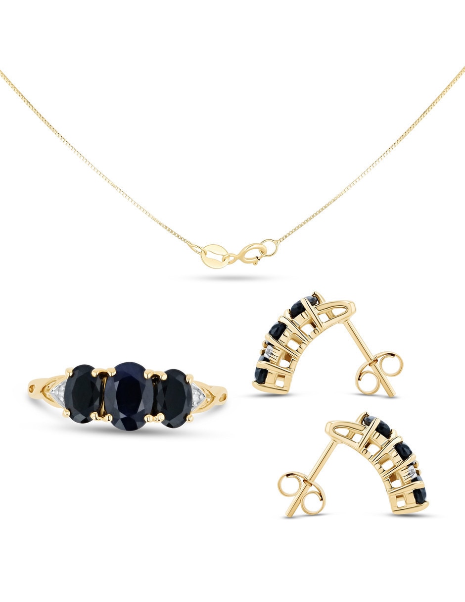 Aretes collar y anillo ovalados Joyerías Bizzarro de oro amarillo 14 k zafiro