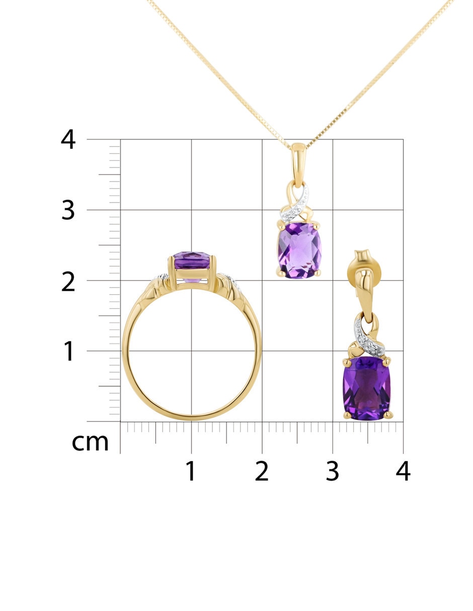 Aretes collar y anillo cuadrada Joyerías Bizzarro de oro amarillo 14k amatista