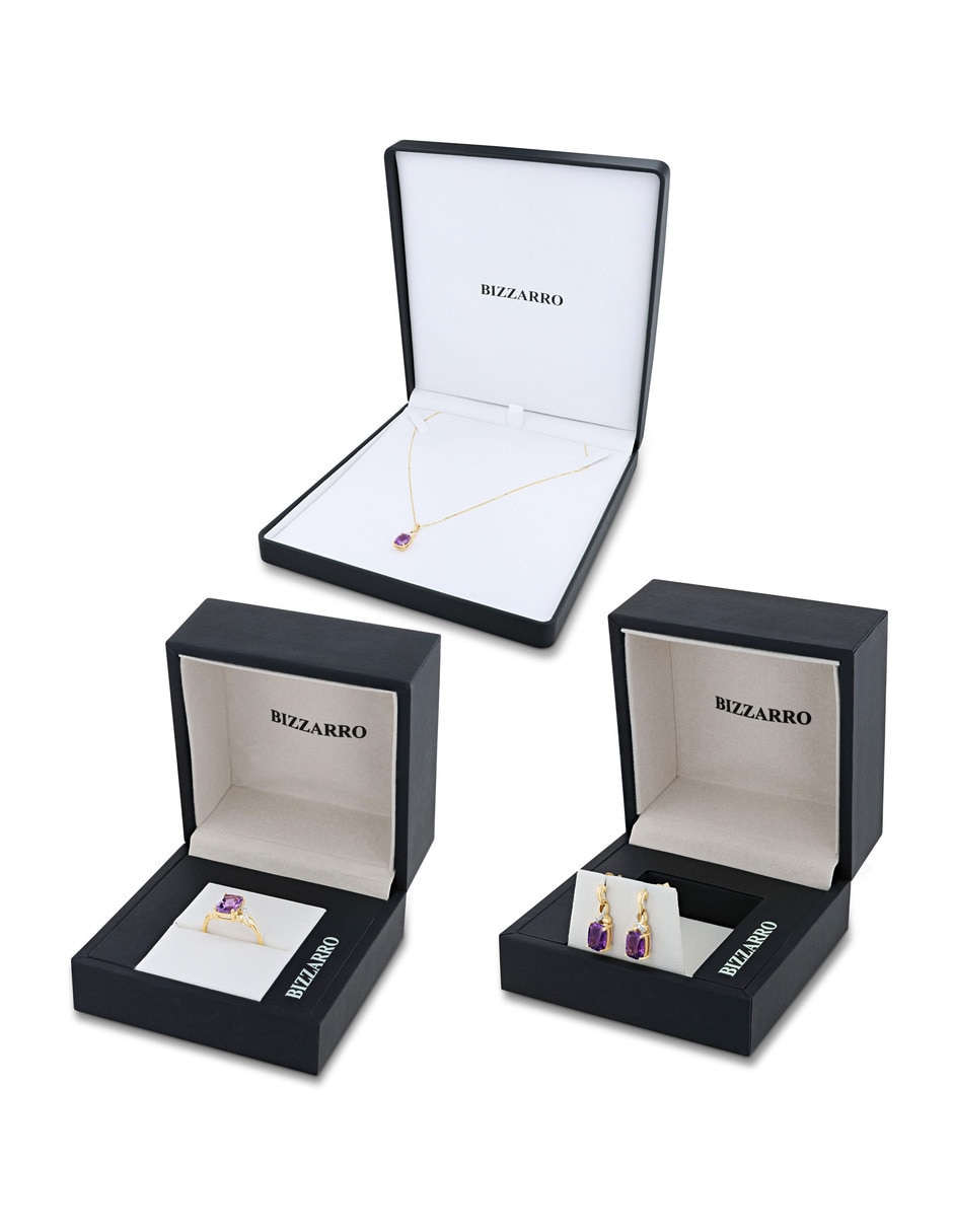 Aretes collar y anillo cuadrada Joyerías Bizzarro de oro amarillo 14k amatista