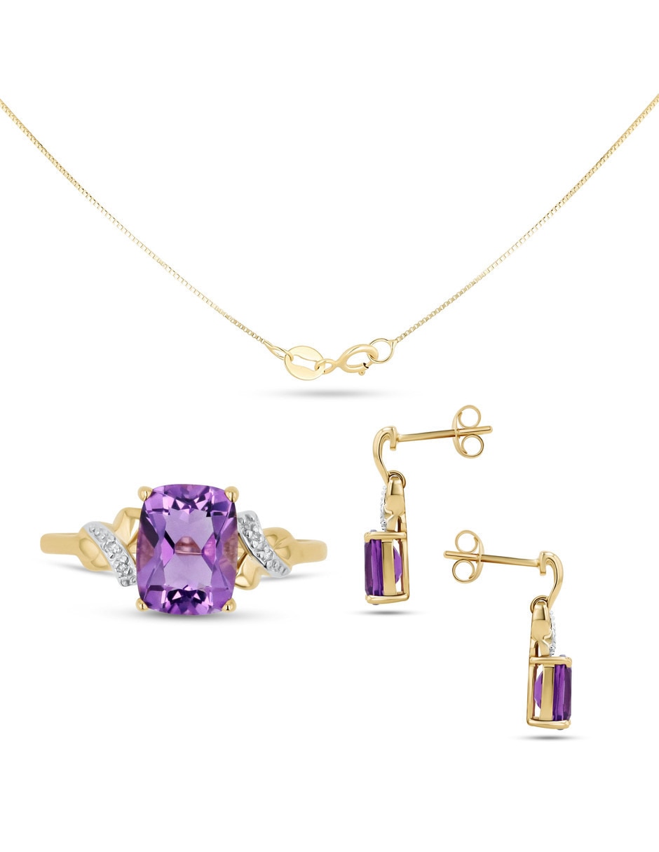 Aretes collar y anillo cuadrada Joyerías Bizzarro de oro amarillo 14k amatista