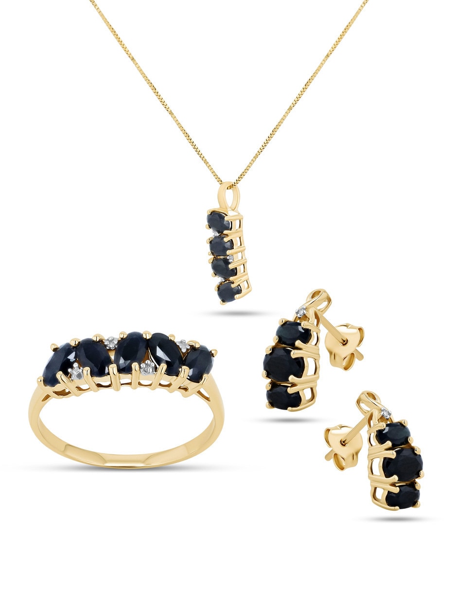 Aretes collar y anillo ovalados Joyerías Bizzarro de oro amarillo 14 k zafiro