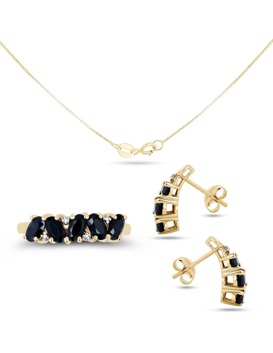 Aretes collar y anillo ovalados Joyerías Bizzarro de oro amarillo 14 k zafiro