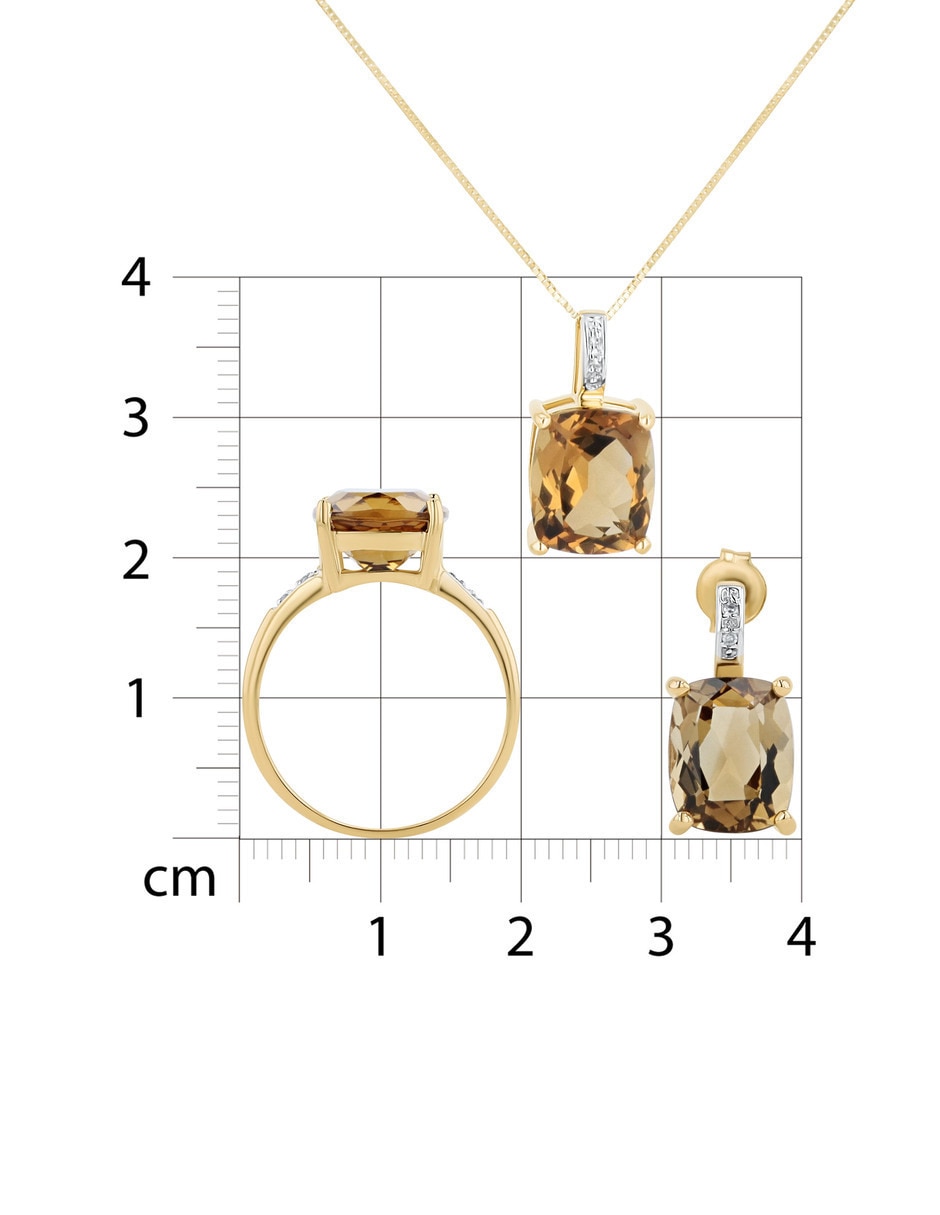 Aretes collar y anillo cuadrados Joyerías Bizzarro de oro amarillo 14 k diamante