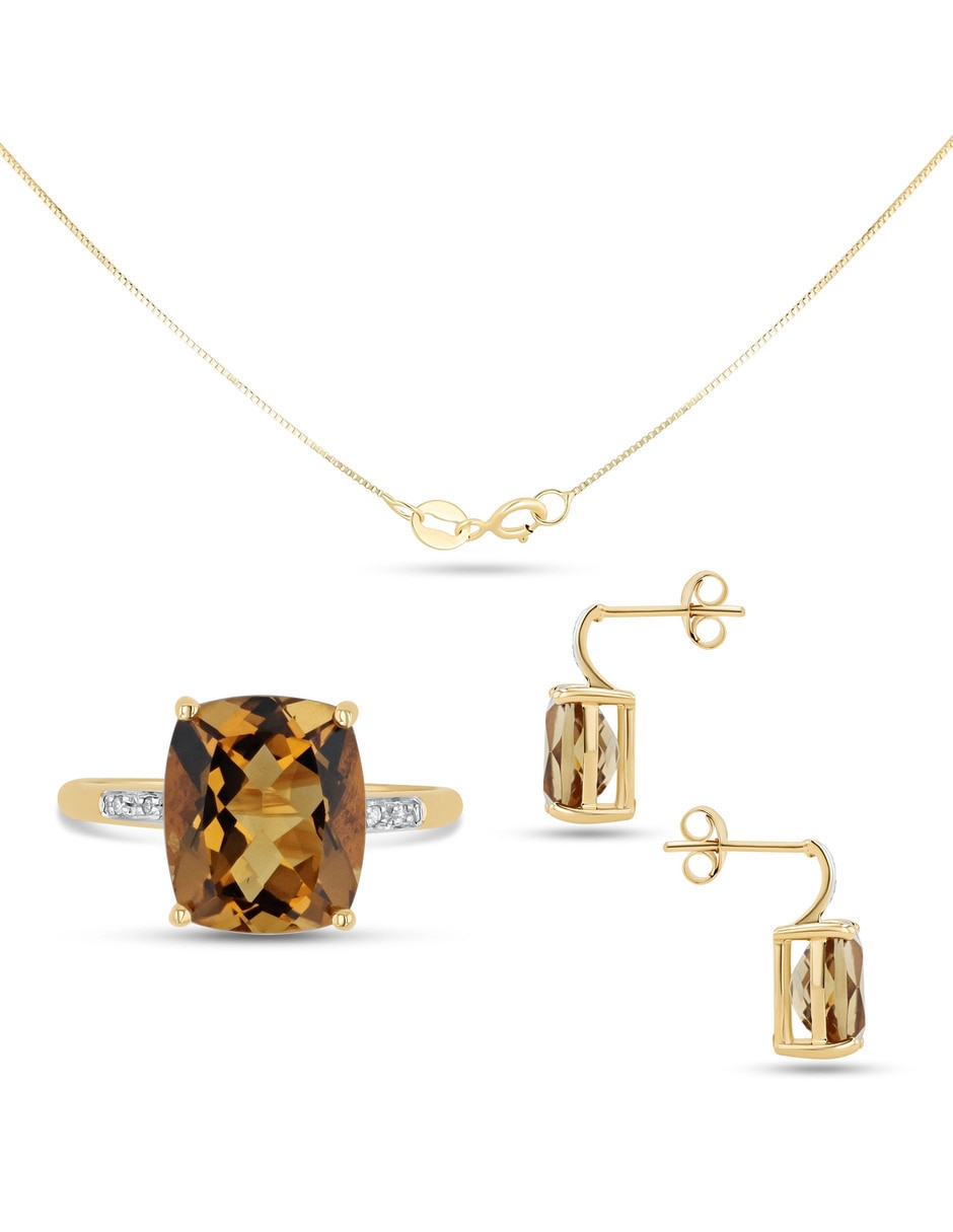 Aretes collar y anillo cuadrados Joyerías Bizzarro de oro amarillo 14 k diamante
