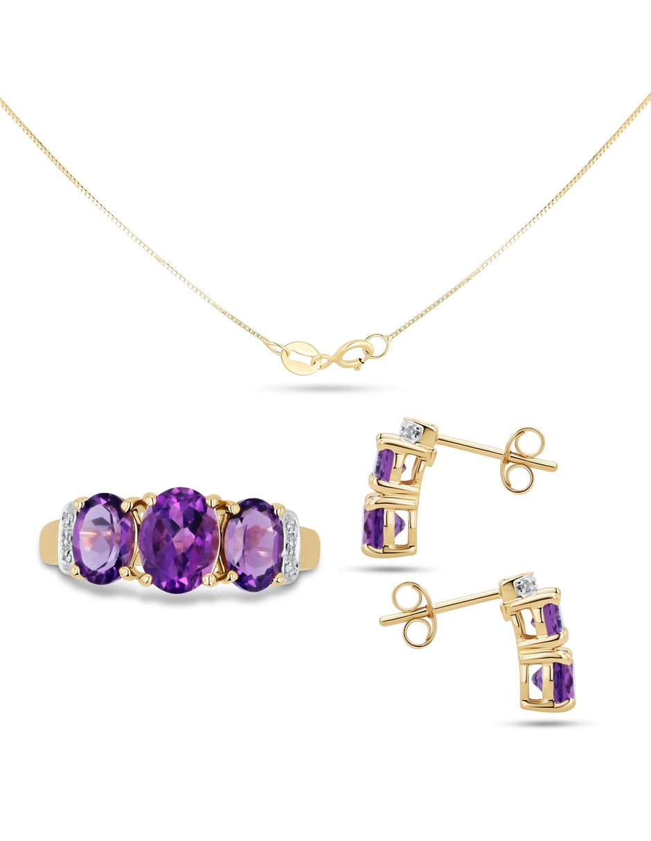 Aretes collar y anillo ovalados Joyerías Bizzarro de oro amarillo 14 k amatista