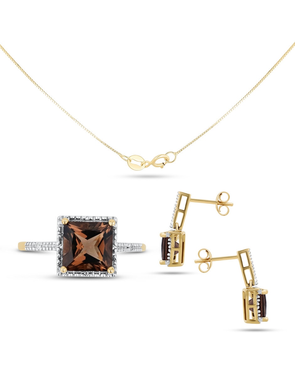 Aretes collar y anillo de cuadro Joyerías Bizzarro de oro amarillo 14 k diamante