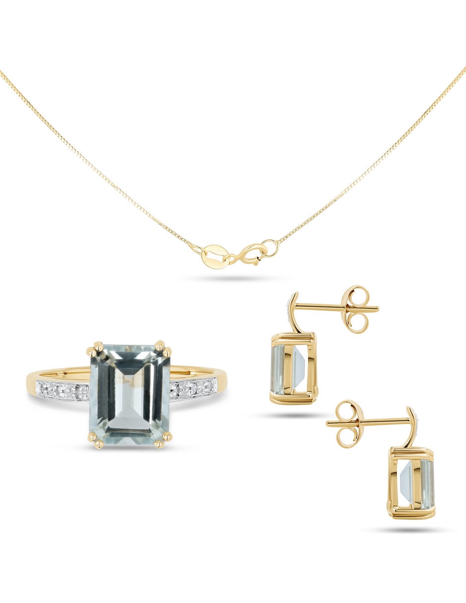 Aretes collar y anillo cuadrada Joyerías Bizzarro de oro amarillo 14 k amatista