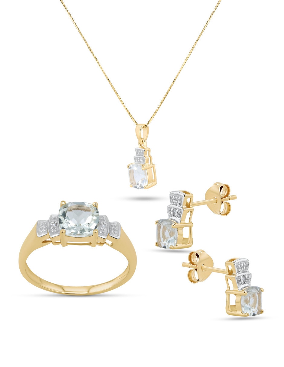 Aretes collar y anillo cuadrada Joyerías Bizzarro de oro amarillo 14k amatista