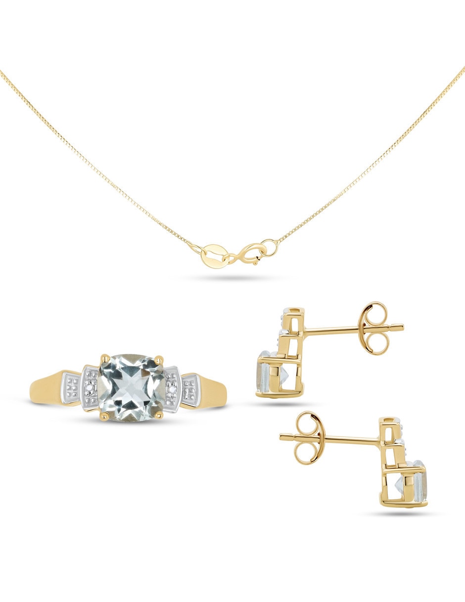 Aretes collar y anillo cuadrada Joyerías Bizzarro de oro amarillo 14k amatista