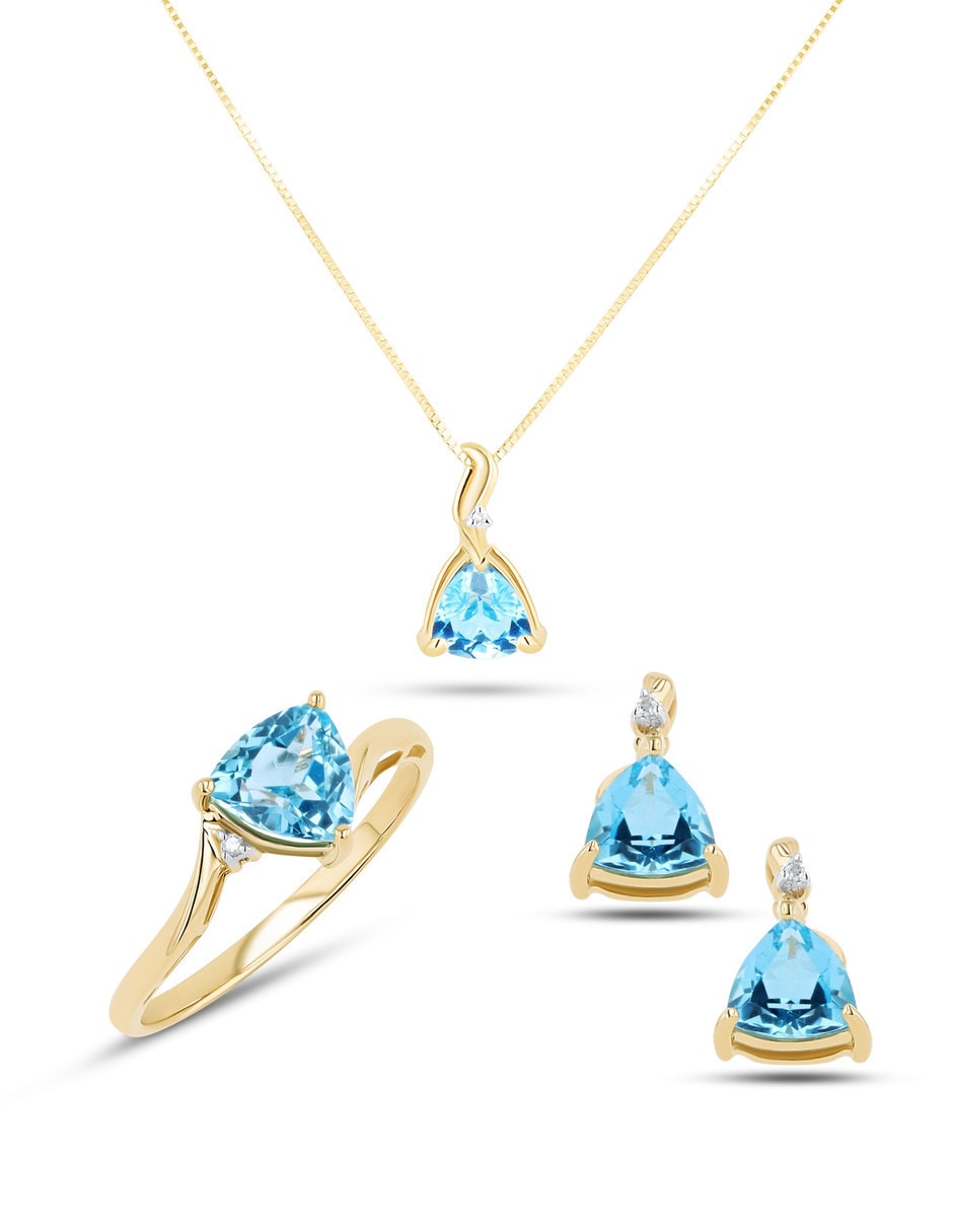 Aretes collar y anillo Triangular de oro amarillo 14 k diamante