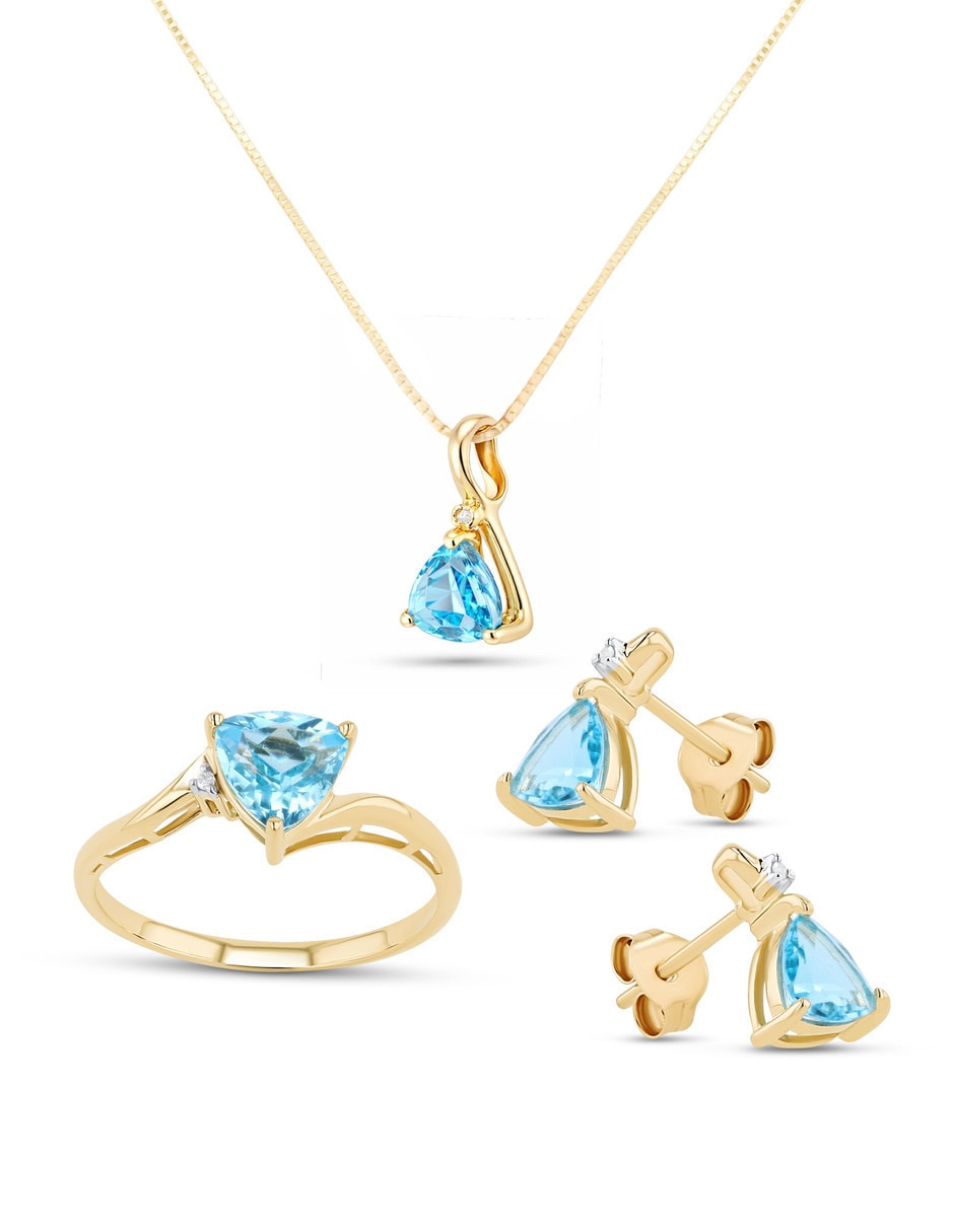 Aretes collar y anillo Triangular de oro amarillo 14 k diamante 2