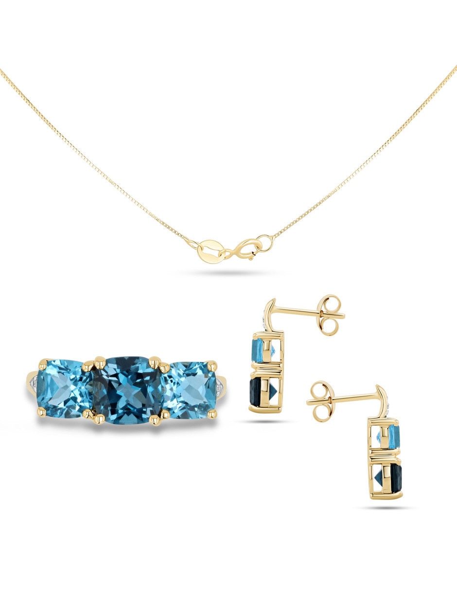 Aretes collar y anillo cuadrada Joyerías Bizzarro de oro amarillo 14k diamante