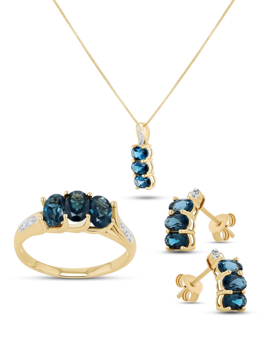 Aretes collar y anillo ovalada Joyerias Bizzarro de oro amarillo 14k diamante