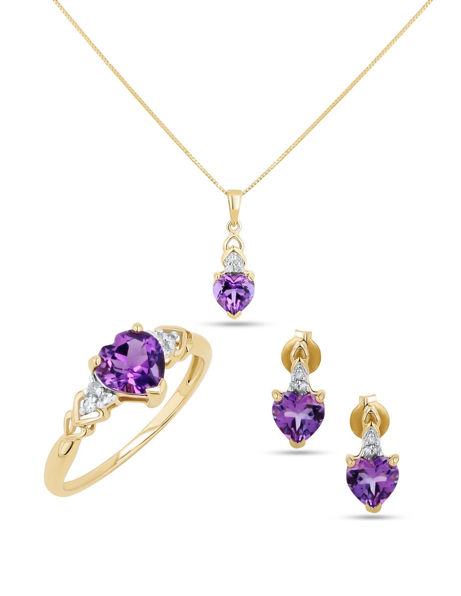 Aretes collar y anillo de corazón de oro amarillo 14k amatista