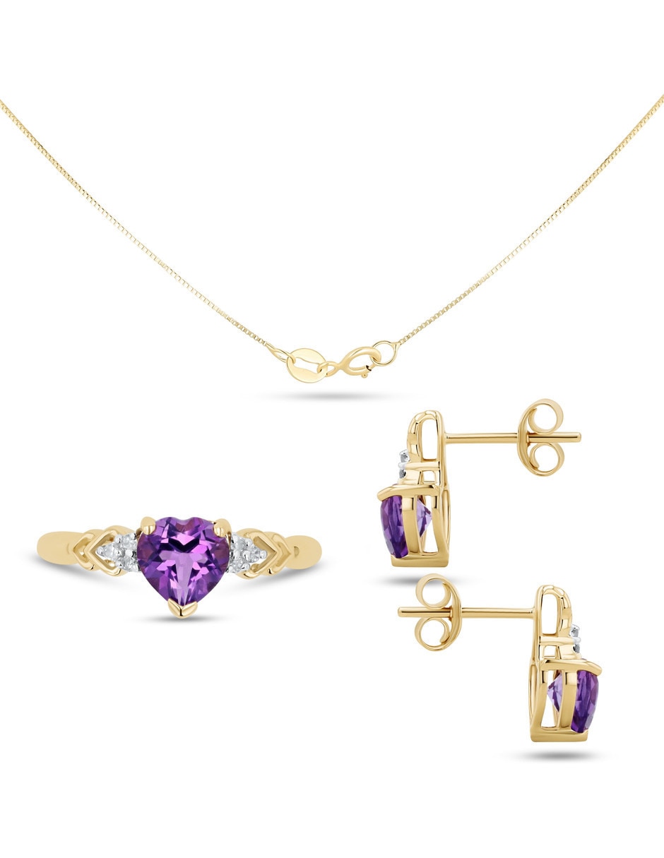 Aretes collar y anillo de corazón de oro amarillo 14k amatista 4