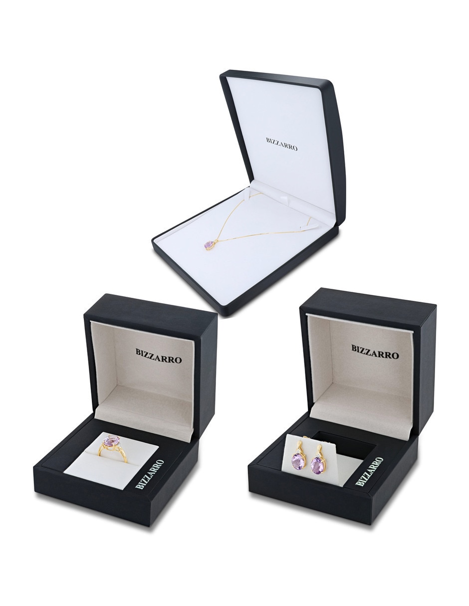 Aretes collar y anillo ovalada Joyerías Bizzarro de oro amarillo 14k Amatista