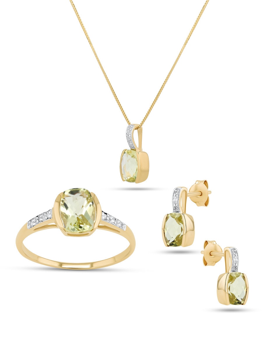 Aretes collar y anillo ovalada Joyerias Bizzarro de oro amarillo 14k diamante