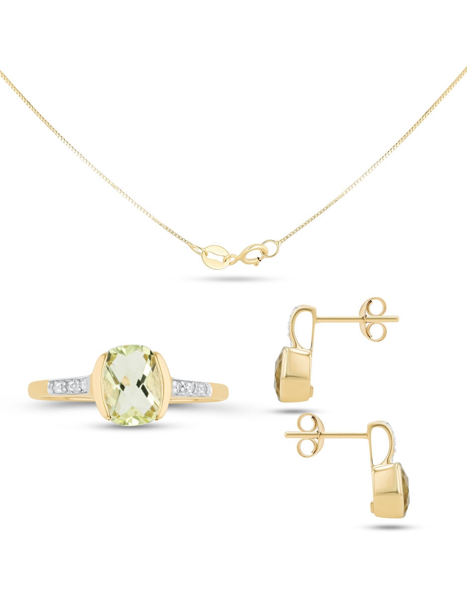 Aretes collar y anillo ovalada Joyerias Bizzarro de oro amarillo 14k diamante