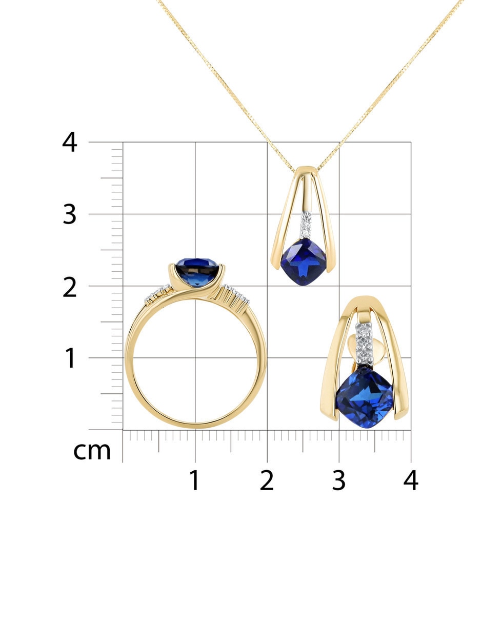 Aretes collar y anillo cuadrada Joyerías Bizzarro de oro amarillo 14 k zafiro