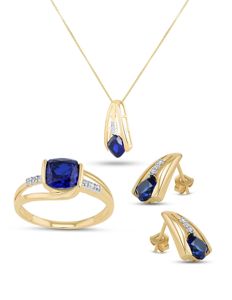 Aretes collar y anillo cuadrada Joyerías Bizzarro de oro amarillo 14 k zafiro