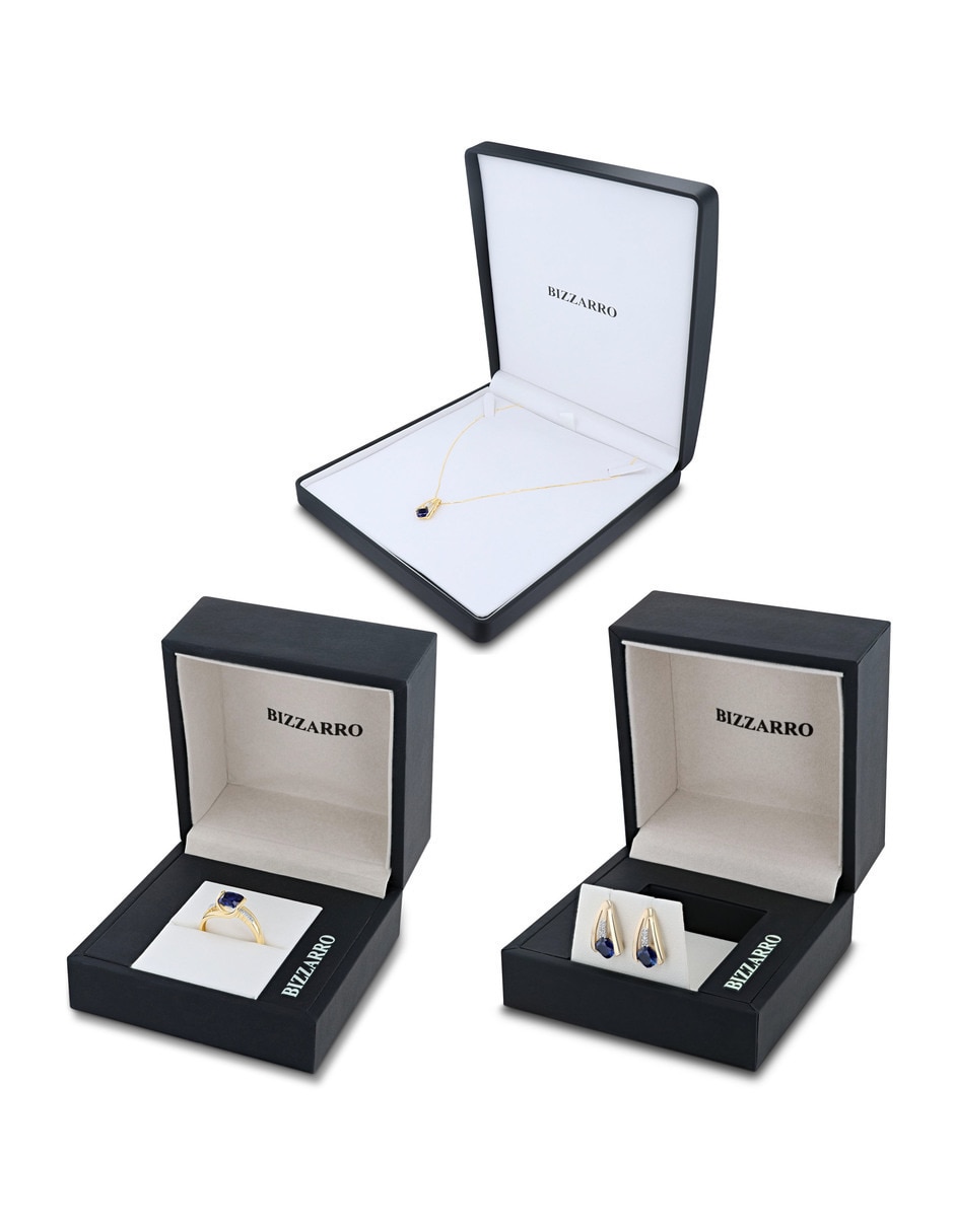 Aretes collar y anillo cuadrada Joyerías Bizzarro de oro amarillo 14 k zafiro