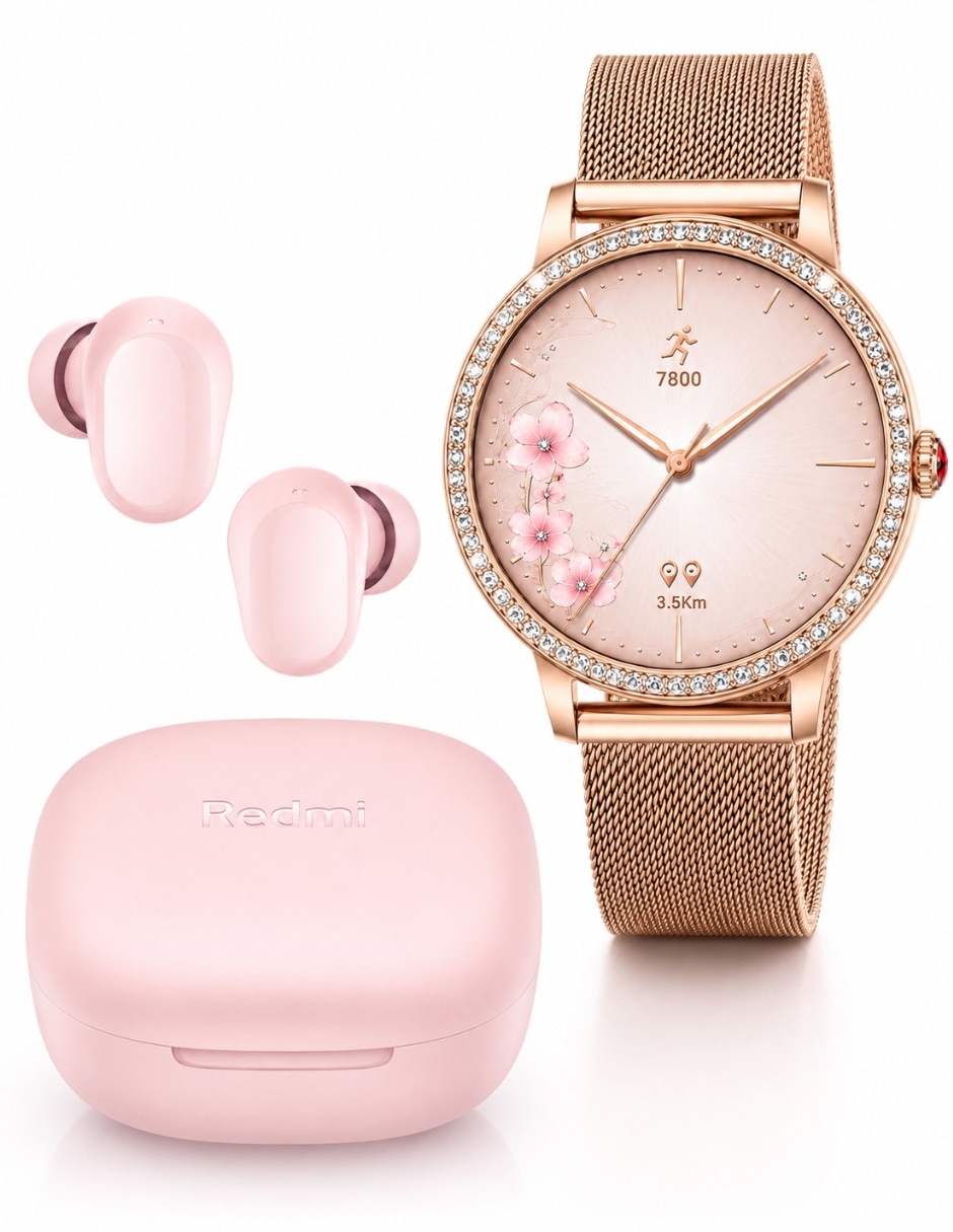 Set audífonos True Wireless Xiaomi Buds 6 Play Rosa con Smartwatch Dama Rosé inalámbricos con cancelación de ruido