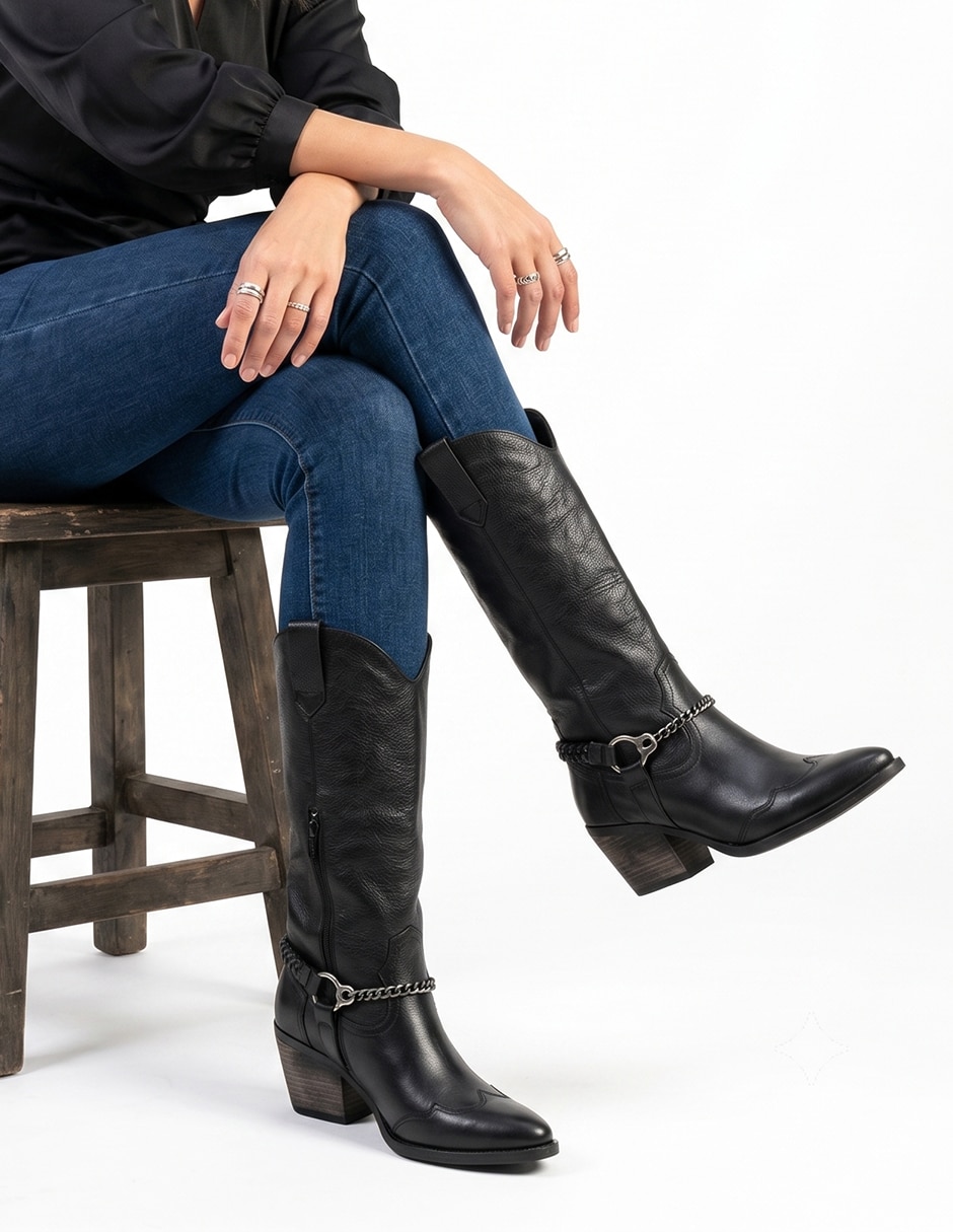 Bota cowboy abajo de la rodilla Kuali Shoes de piel para mujer