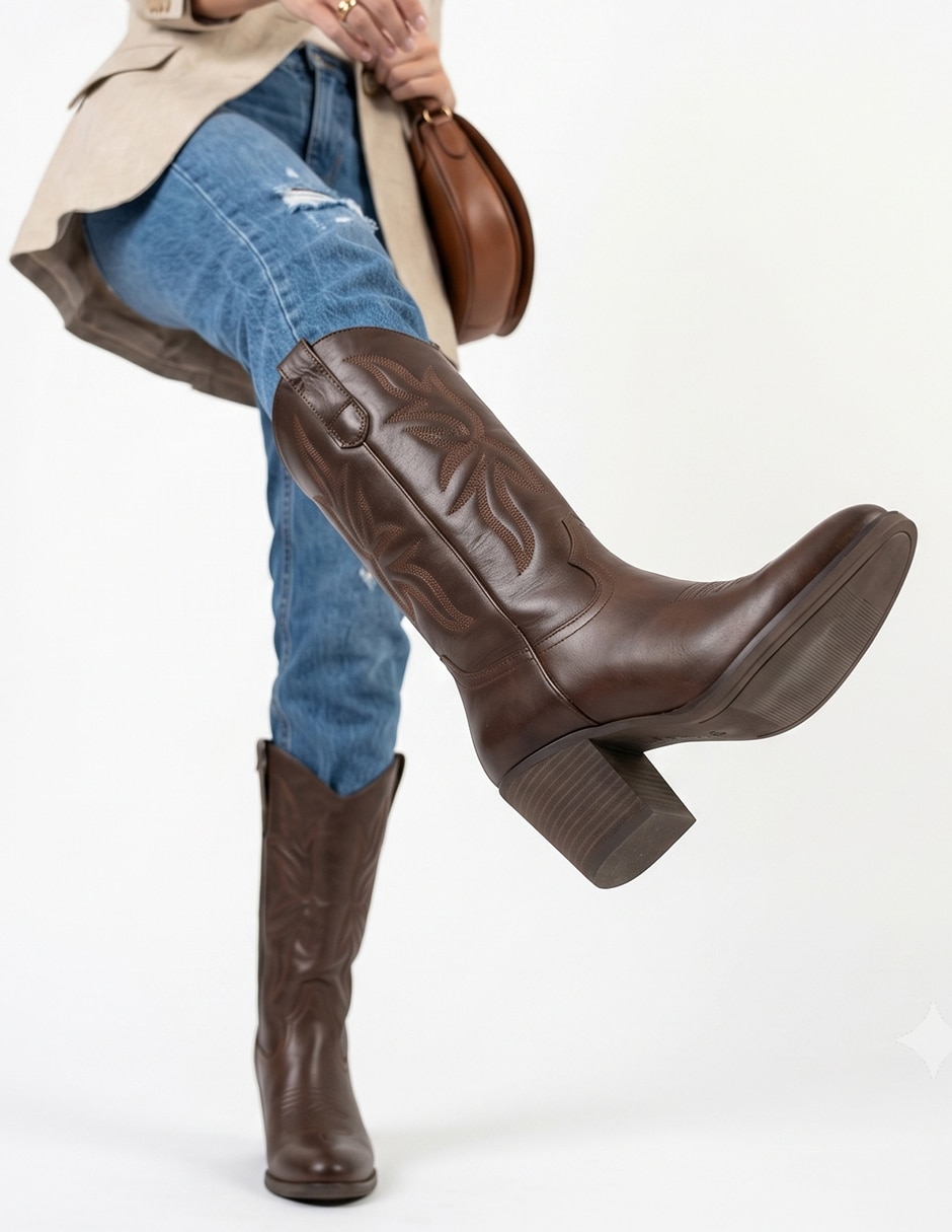 Bota cowboy abajo de la rodilla Kuali Shoes de piel para mujer