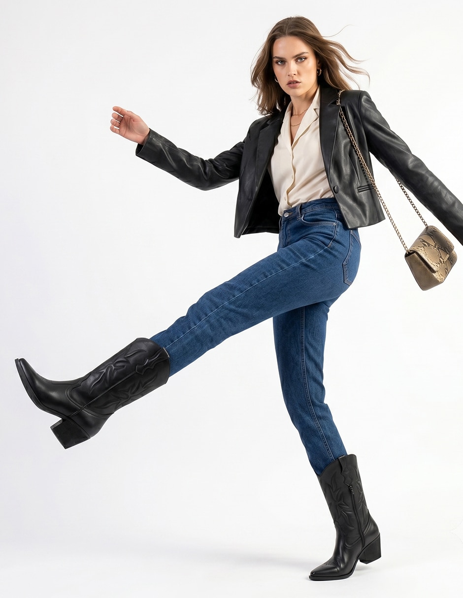 Bota cowboy abajo de la rodilla Kuali Shoes de piel para mujer